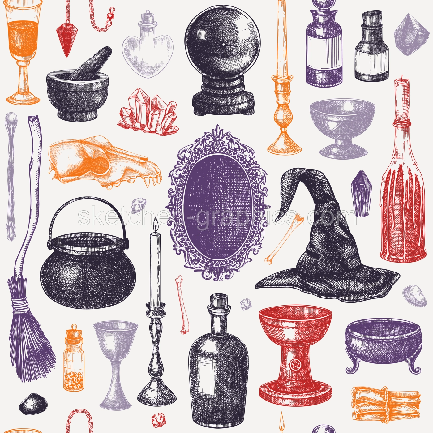 Bohemian style witchcraft background. Vinatge Halloween sketches in color. Hand-drawn vector illustration. Witchcraft seamless pattern. NOT AI generated Illustration
